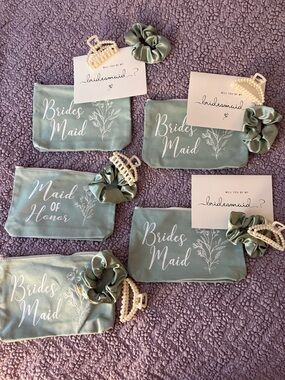Sage Bridesmaid Cosmetic Pouch Set with Scrunchies & Cards